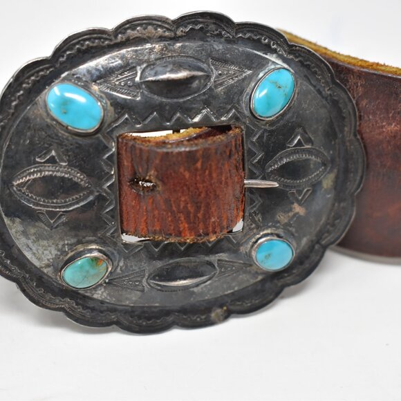 VINTAGE NAVAJO OLD PAWN 1ST PHASE COIN SILVER NAT TURQUOISE CONCHO BELT 1930-50 - Picture 3 of 15